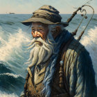 Elderly bearded fisherman with fishing rod at sea