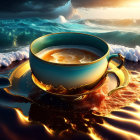 Surreal image of giant coffee cup on sea with waves turning into golden liquid