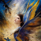 Fantastical artwork of woman with bird-like wings and bird against dramatic sky