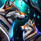 Stylized wolves with decorative adornments in mystical forest