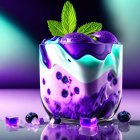 Colorful Blueberry Yogurt with Fresh Berries and Mint in Transparent Bowl