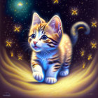 Whimsical kitten with blue eyes among fireflies and mouse under starry sky