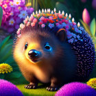 Smiling hedgehog with flowers, vibrant plants, soft lighting