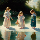 Three young girls playing in a serene river with lush greenery and floating flowers