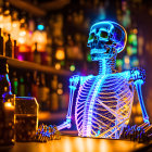 Vibrant neon-lit skeleton at a bar with glowing bottles