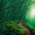 Serene fantasy forest with winding wooden pathway and lush green foliage