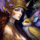 Fantasy image of two ethereal women with golden masks and mythical fox-like creatures