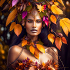 Person adorned with autumn leaves, embodying fall essence with warm colors and artistic makeup