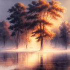 Misty landscape with sunlit trees reflecting in calm water