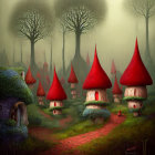 Mystical forest with mushroom-shaped houses in misty setting