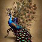 Vibrant Blue Peacock with Iridescent Plumage on Beige Background