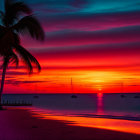 Tranquil beach sunset with palm tree silhouette, reflections, and colorful sky