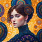 Colorful digital portrait of a woman with curly hair amidst intricate mandala patterns in orange, blue,