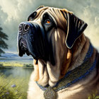 Regal mastiff with blue collar in serene pastoral setting