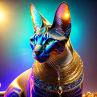 Majestic cat with Egyptian-style jewelry on cosmic background