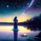 Silhouette of woman by serene lake under starry sky with visible galaxy.