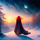 Red-haired person in cloak in snowy sunset landscape with stars and crescent moon