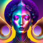 Symmetrical female face digital artwork with purple skin and golden accessories