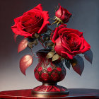 Vibrant red roses in ornate ruby-red vase on muted backdrop