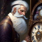 Elderly man with white mustache in renaissance attire next to ornate clock