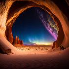 Surreal desert night with aurora borealis, cave, arches, and sand dunes