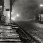 Snowy City Street at Dusk with Glowing Streetlamps, Cars, and Pedestrian