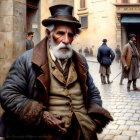 Elderly man in top hat and fur coat on old-fashioned street