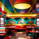 Colorful Psychedelic Decor in Vibrant Diner with Retro Lampshades