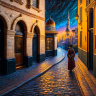 Elderly person in red cloak strolling on cobblestone street at dusk