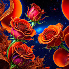 Colorful orange and red roses on dark starry backdrop - surreal cosmic floral art