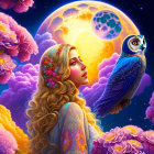 Surreal illustration of woman with flowers, full moon, planet, blue owl, and pink flowers