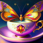 Colorful Butterfly Illustration Perched on Teacup Against Blue Background