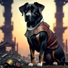 Majestic black and brown dog in chain collar and armor vest against dystopian backdrop