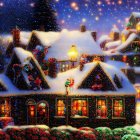 Snow-covered cottages and festive winter decor in twilight scene