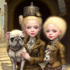 Baroque twin girls in steampunk attire with bulldog in vintage scene