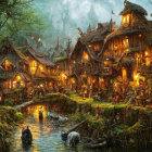 Enchanting fantasy village with thatched cottages and gentle river at twilight