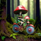 Fantastical creature on mushroom head bicycle in vibrant forest