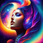 Colorful Woman's Profile with Cosmic Hair and Celestial Elements