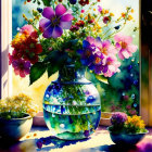 Colorful Watercolor Painting: Purple and Pink Flowers in Blue Vase on Windowsill