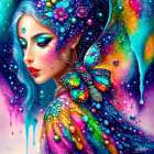 Colorful digital artwork of a woman with flowing hair and iridescent butterfly