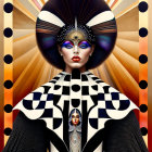 Stylized digital artwork of woman in black and white costume with geometric patterns and gold accents on orange