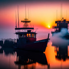 Hazy sunset at dock with boat silhouettes in orange-pink sky