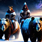 Armored bears in snowy landscape under starry sky with large moon