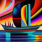 Colorful abstract digital artwork of a stylized ship with curved sails on dynamic, multicolored backdrop