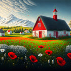 Vibrant red-roofed cottage in lush landscape with poppies