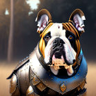 Digital artwork: Bulldog in medieval armor, misty forest scene