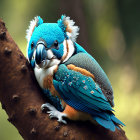 Hybrid creature with koala head and bird body on tree branch in vibrant colors