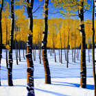 Colorful winter birch forest painting with yellow leaves, white snow, and blue sky