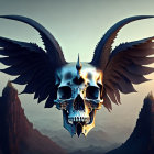 Metallic skull with intricate designs and dark wings against red mountains at dusk