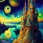 Colorful artwork: Starry skies, celestial bodies, golden fantasy castle, ships on cosmic sea